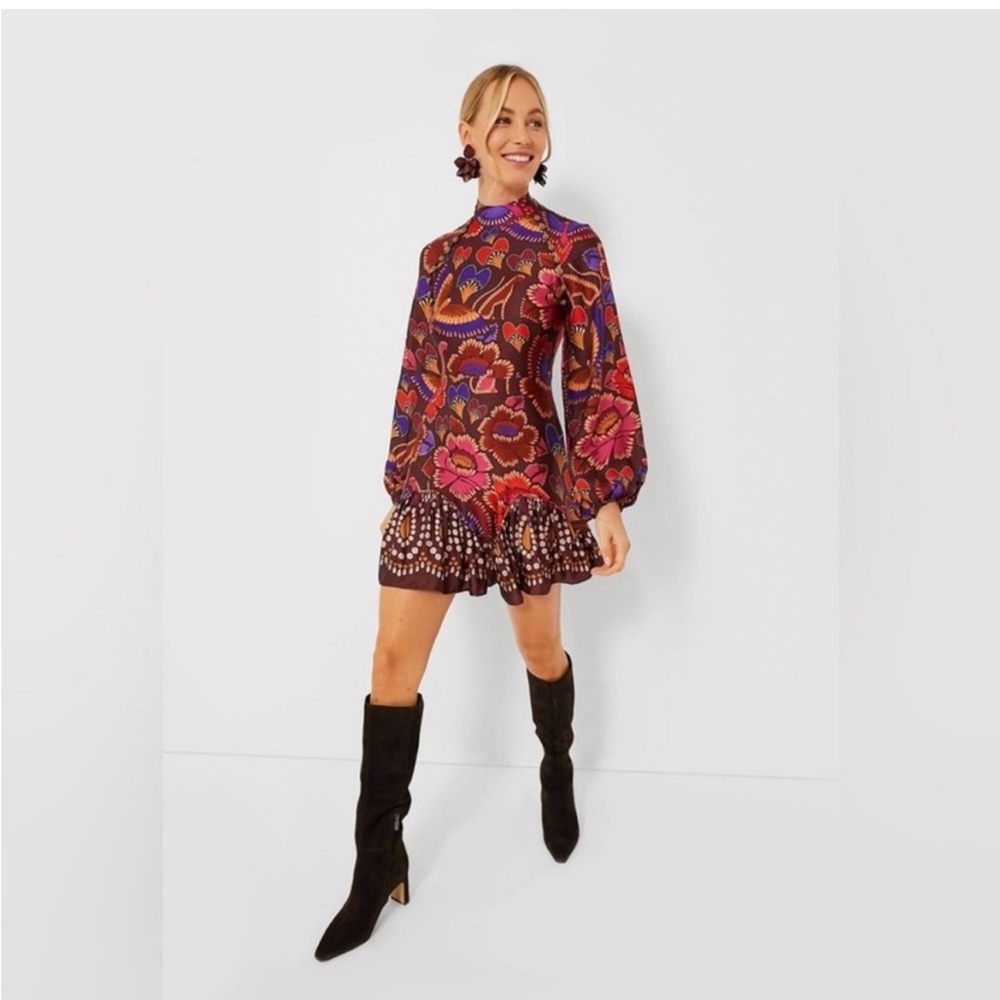 Farm Rio MEDIUM Bright Flora Brown Long Sleeve Dress Floral Movk Neck Mini Dress